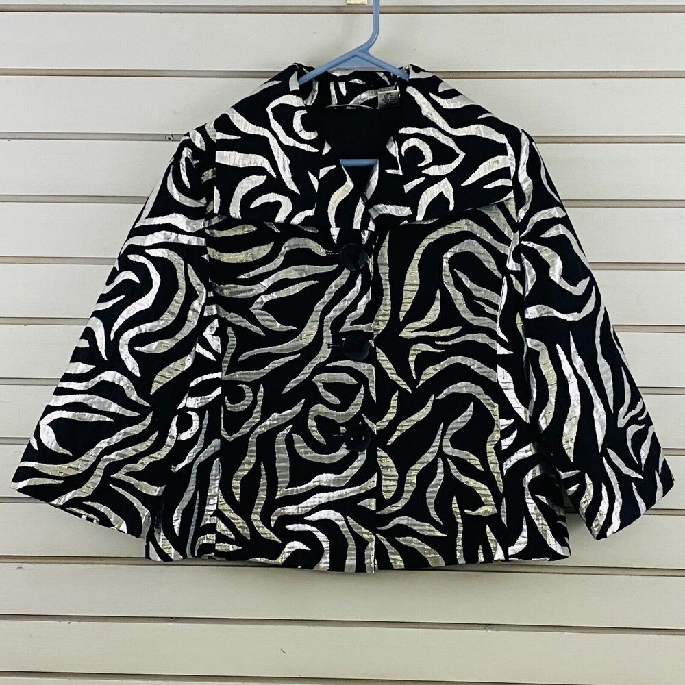 Womens S Laura Ashley Blazer Black Metallic Silver Animal Print 3/4 Sleeve